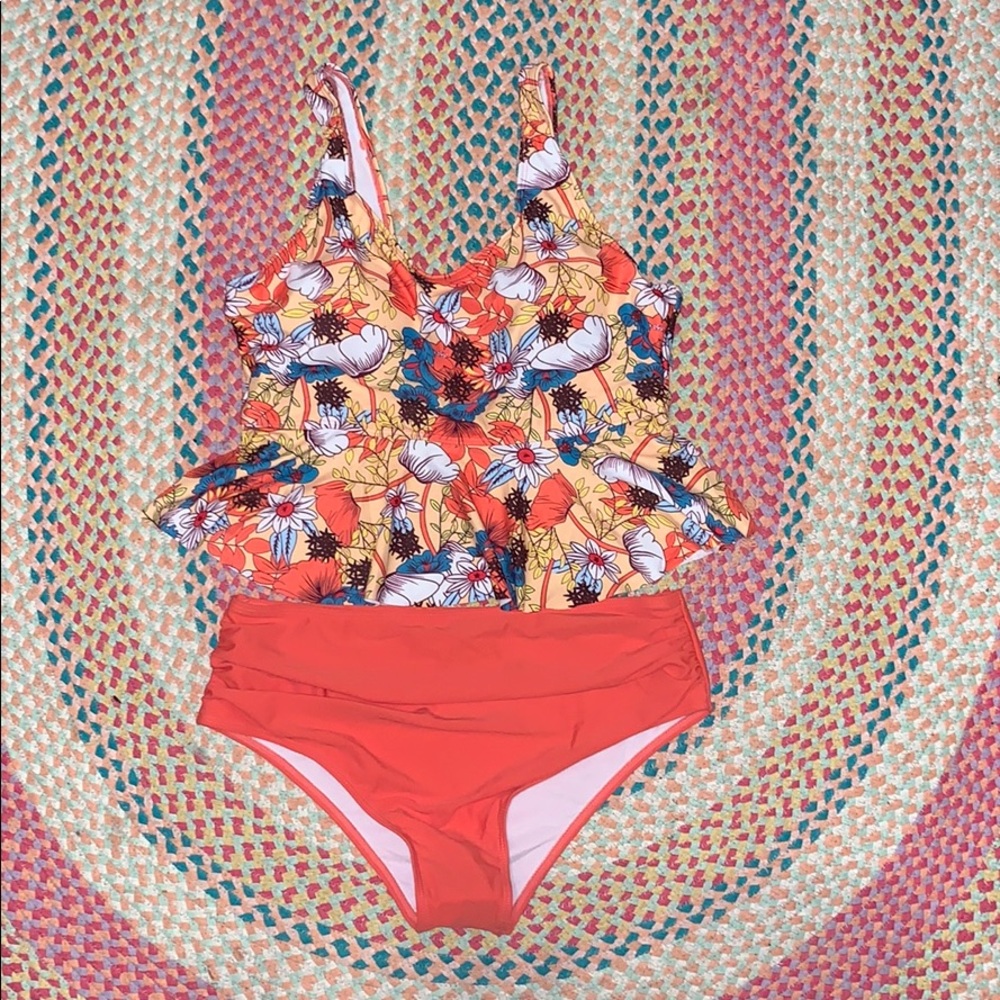 Sz L Shein Floral Broad Strap High Waist Tankini